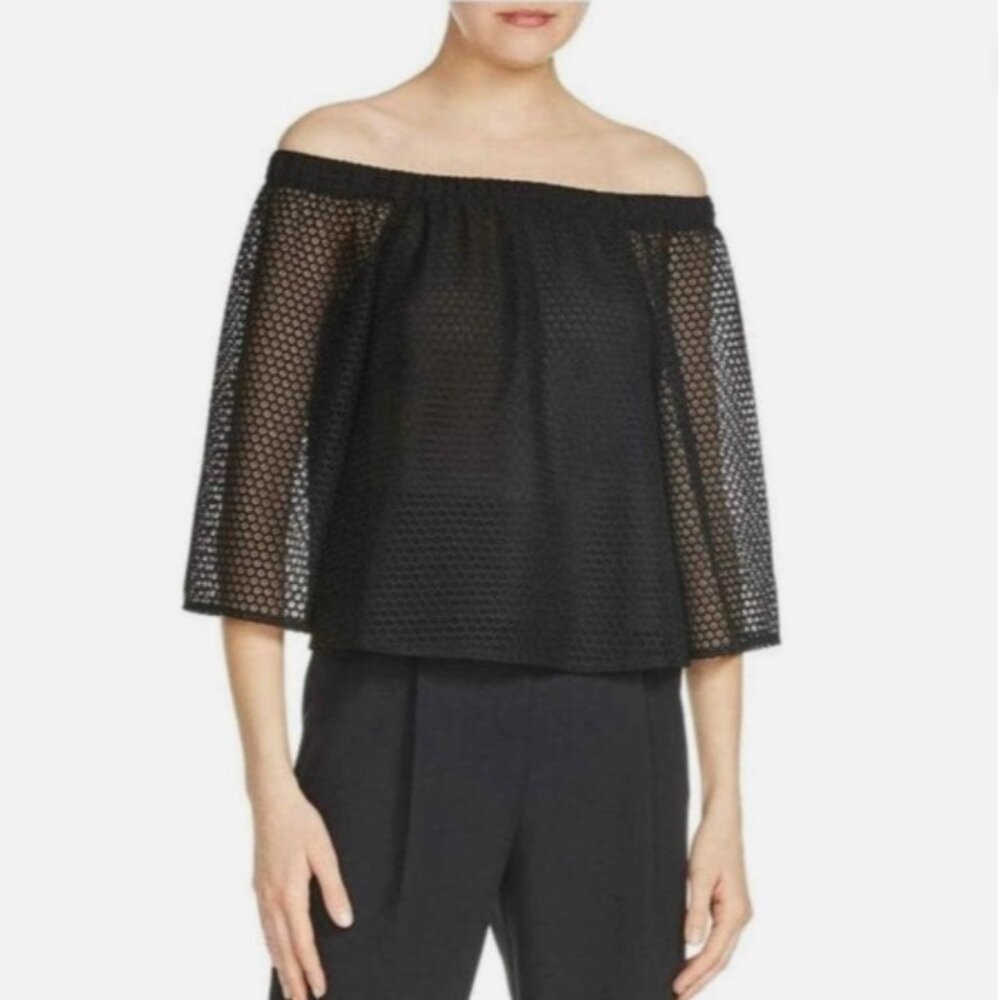 Maje Lor Over The Shoulder Black Sheer Lace Top, Size 2 | Medium
